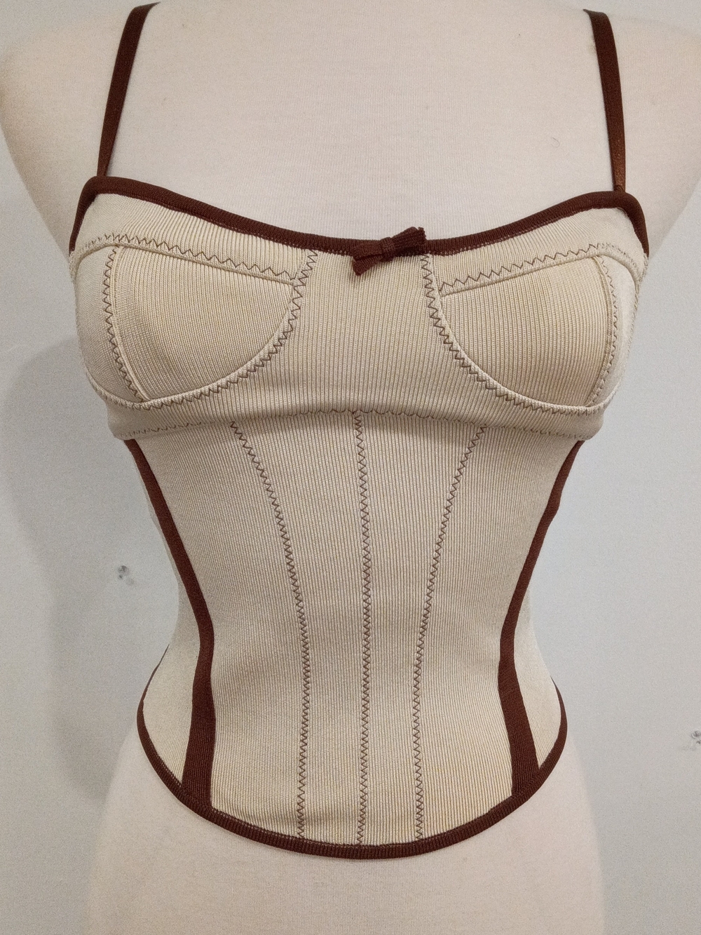 Women’s Cream Corset-Style Tank with Brown Trim